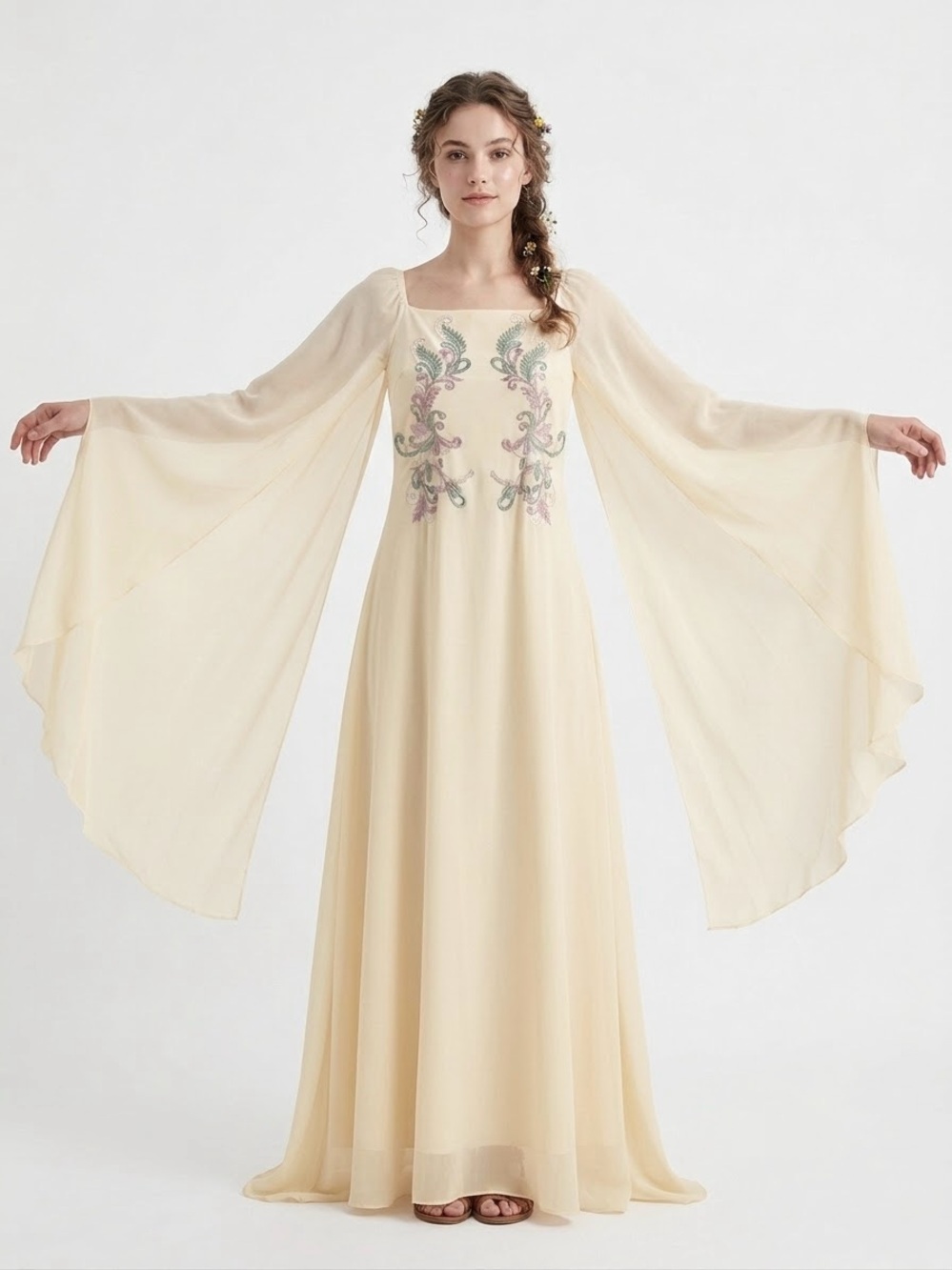 Fairycore Butter Yellow Cape Sleeve Maxi Dress Floral Cosplay Lolita Victorian